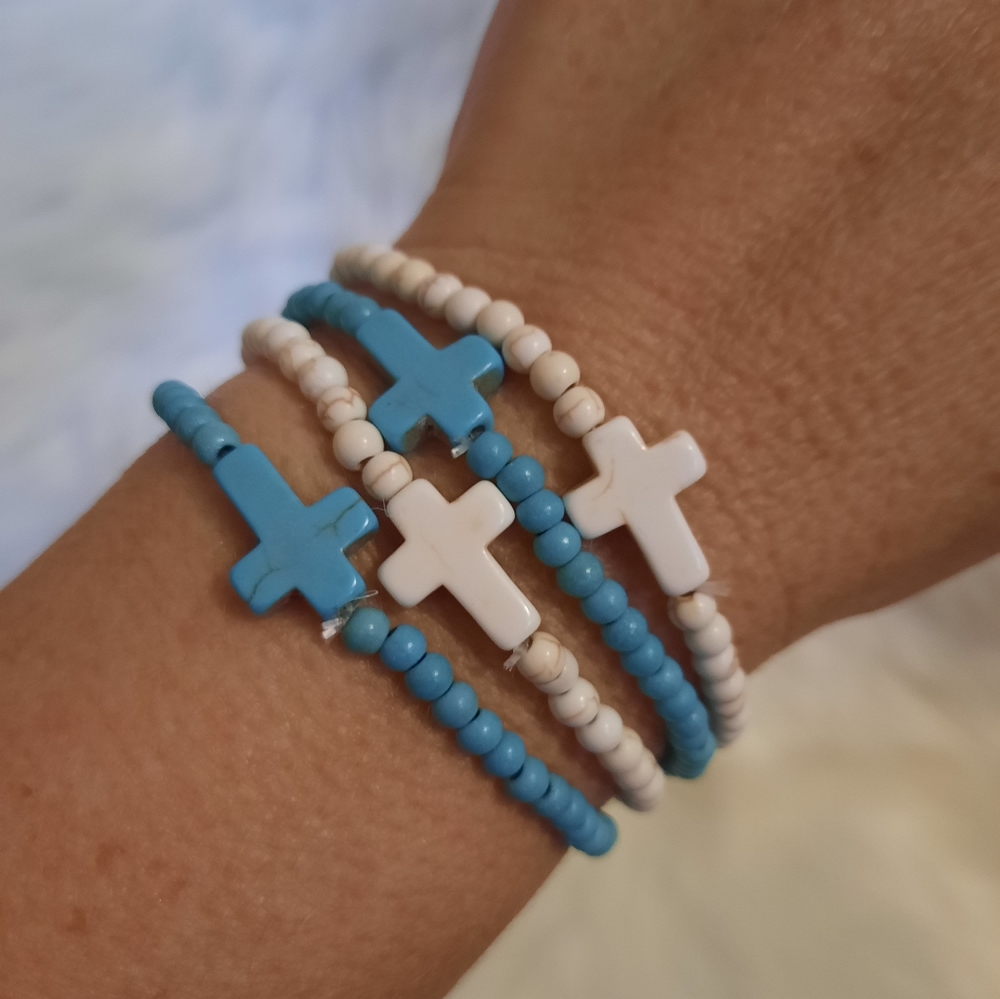 2 Pcs White Cross/ Turq Decor Small Beaded Gauge Bracelet
